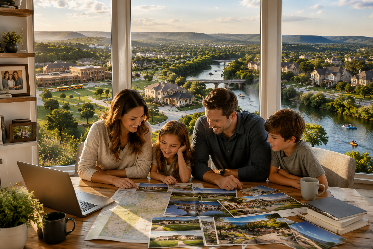 Wide editorial photograph of New Braunfels Hill Country at golden hour with river bend in foreground.